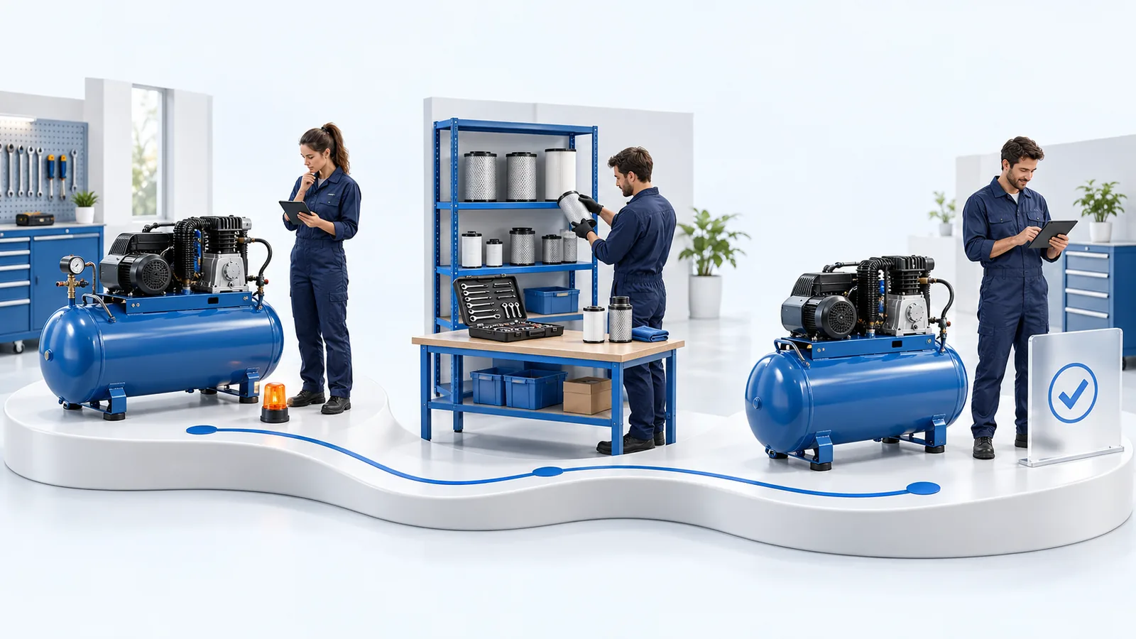 Tre momenti dello stesso intervento: un’operatrice segnala un problema al compressore, il tecnico prepara il filtro e registra il lavoro svolto.