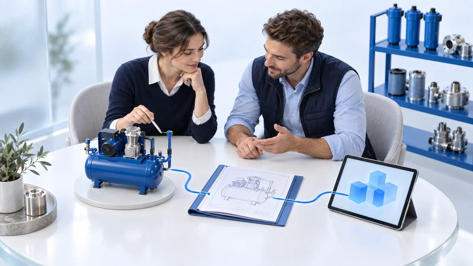Due persone confrontano un modello di compressore, il suo documento tecnico e un tablet per costruire una demo a partire dal lavoro reale.