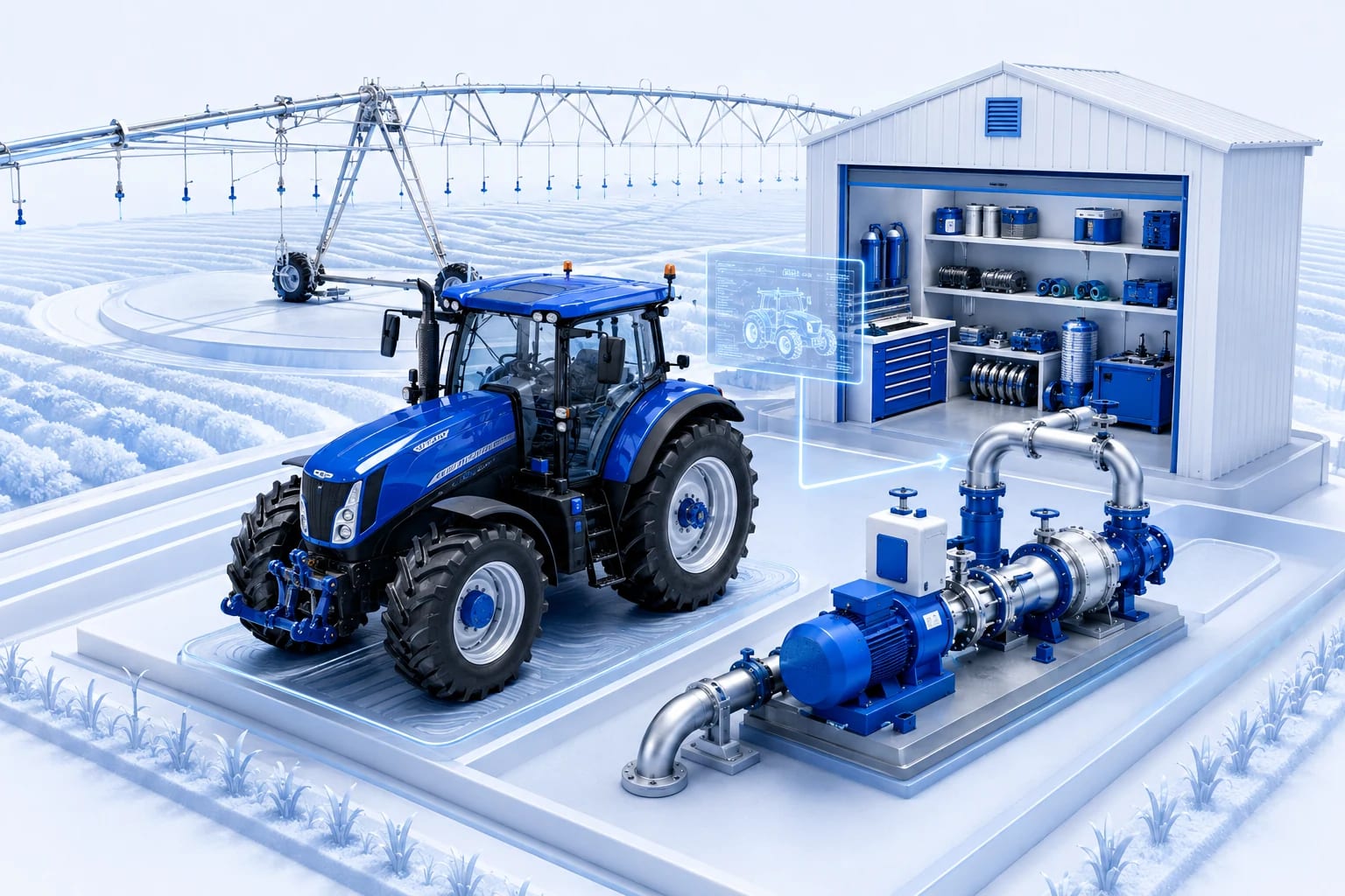 Agricoltura e agroalimentare: Mezzi, attrezzature e ricambi organizzati tra azienda, deposito e aree operative. Beni, contesto e attività sono collegati nella stessa scena.