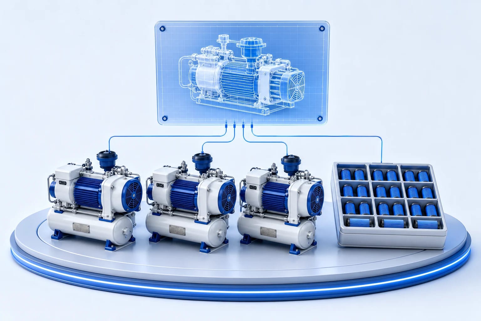 Il modello tecnico di un compressore collega tre esemplari distinti, mentre i ricambi si organizzano per quantità.