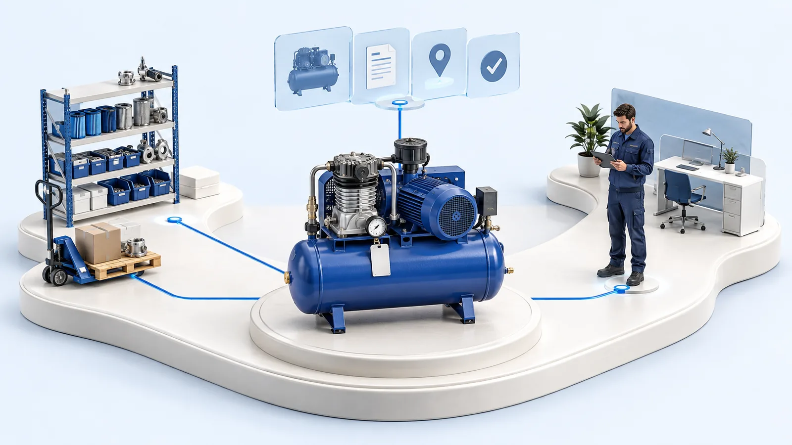 Un compressore blu è collegato ai ricambi a scaffale, al tecnico e al fascicolo digitale: il bene, le persone e le informazioni condividono lo stesso percorso.